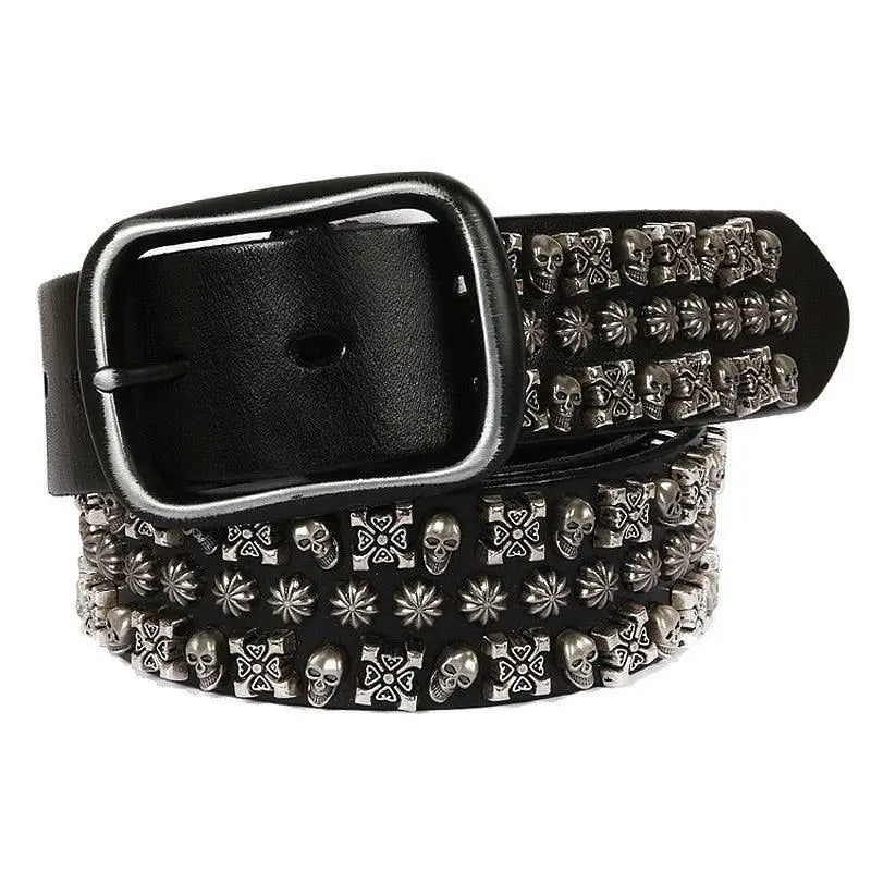 Black leather belt with silver skull and cross studs for a bold fashion statement