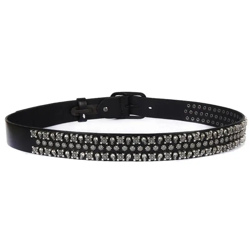 Black leather belt adorned with silver skull and star cross studs for a bold fashion statement