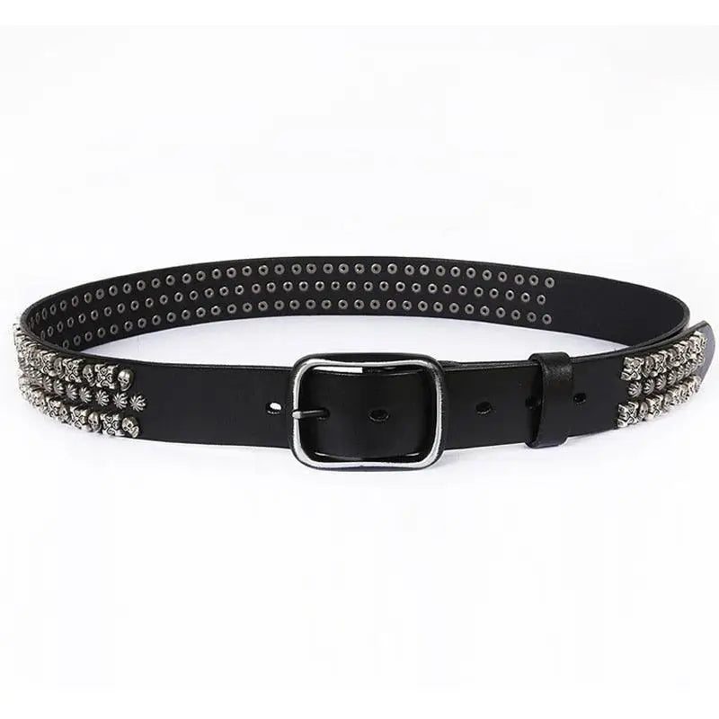 Black leather belt with silver skull and cross stud embellishments and grommets