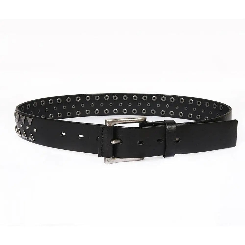 Black Sylmare Studded Belt with grommets for stylish wear in leather fashion