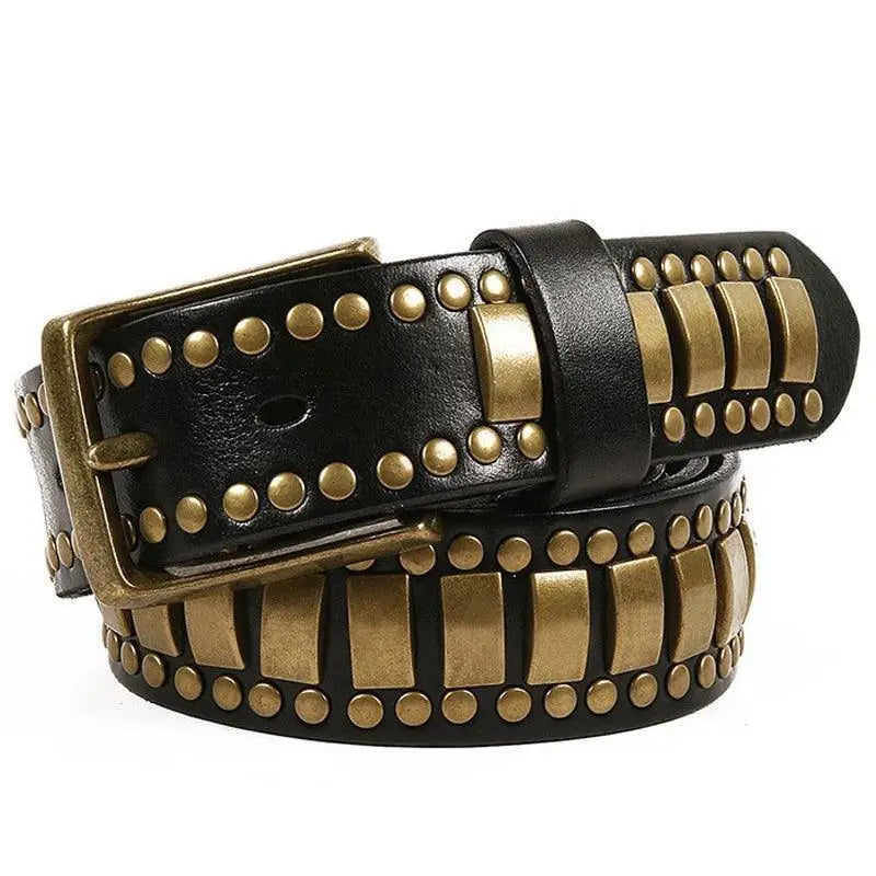 Ynaselle model genuine leather wristband with brass studs and rectangular accents