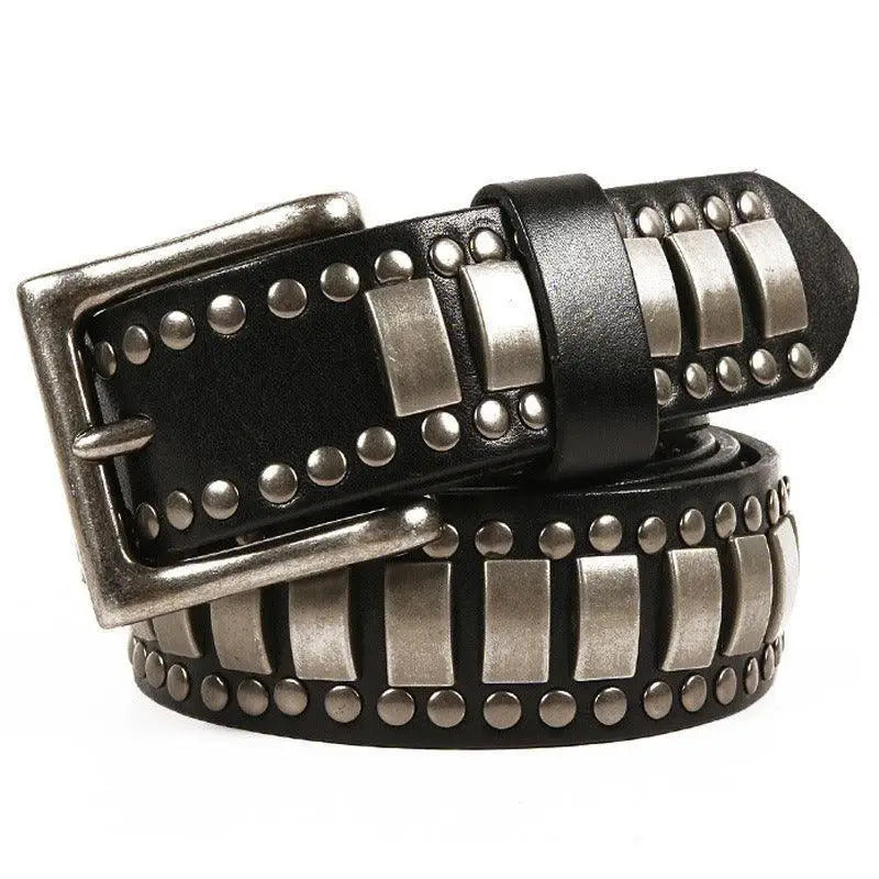 Ynaselle model genuine leather belt with silver studs and rectangular accents