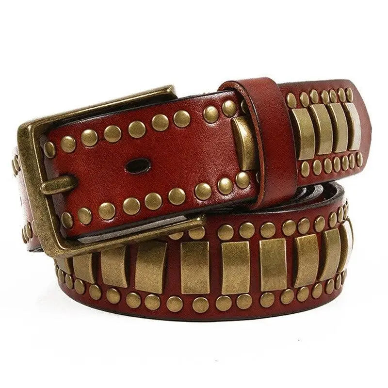 Ynaselle model genuine leather belt with metal studs and plates for stylish wear