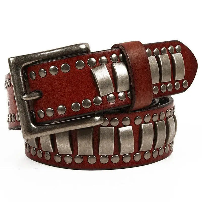 Red genuine leather belt with silver studs and rectangular accents for Ynaselle model