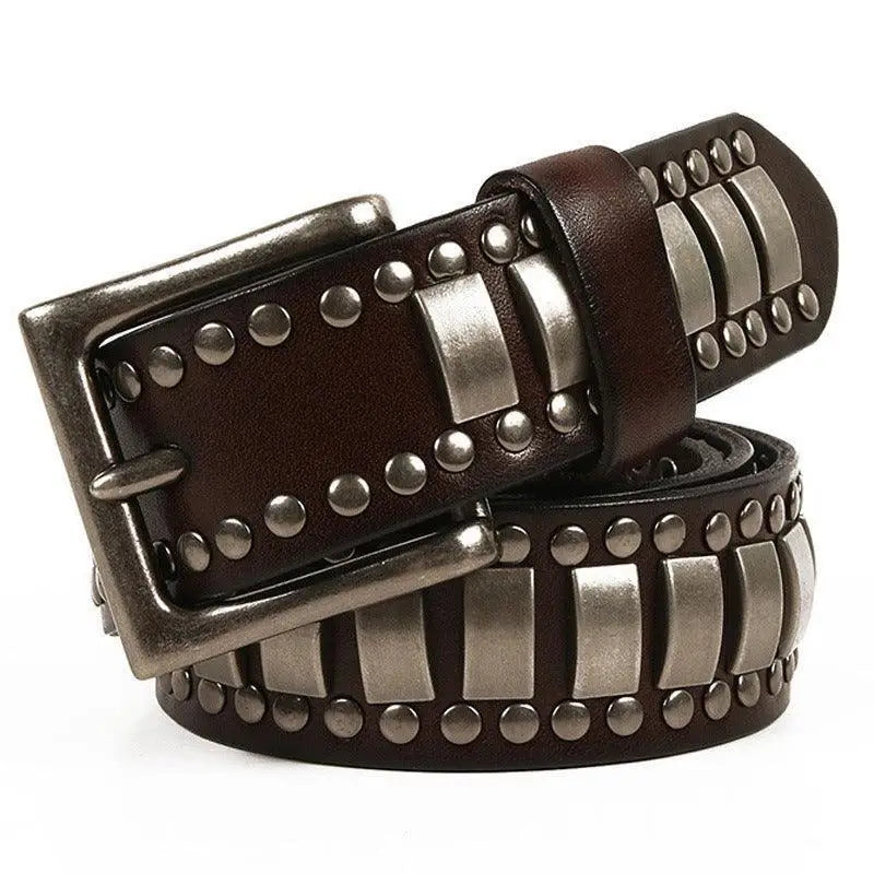 Ynaselle genuine leather wristbands with metal studs and plates displaying a brown leather studded belt