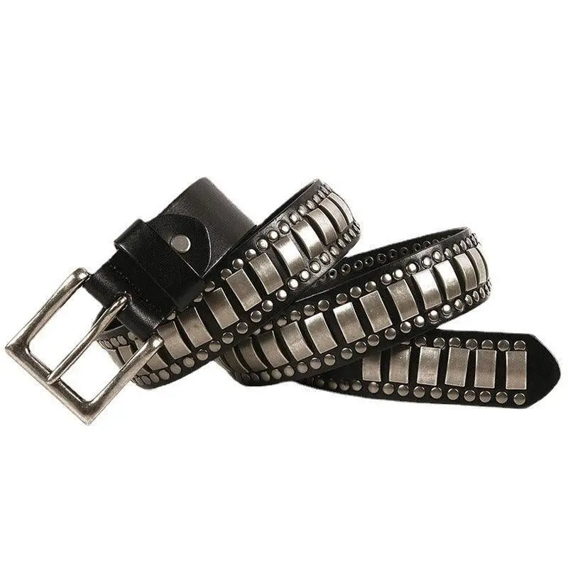 Ynaselle genuine leather wristband with silver studs and rectangular plates
