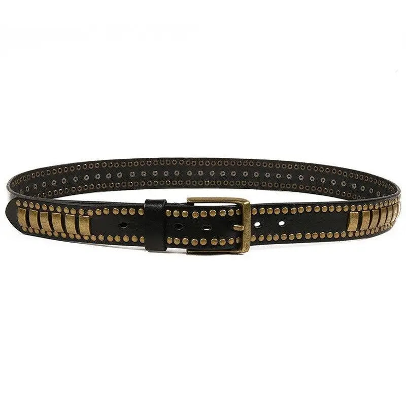 Ynaselle model genuine leather belt with metal studs and plates for stylish accessories