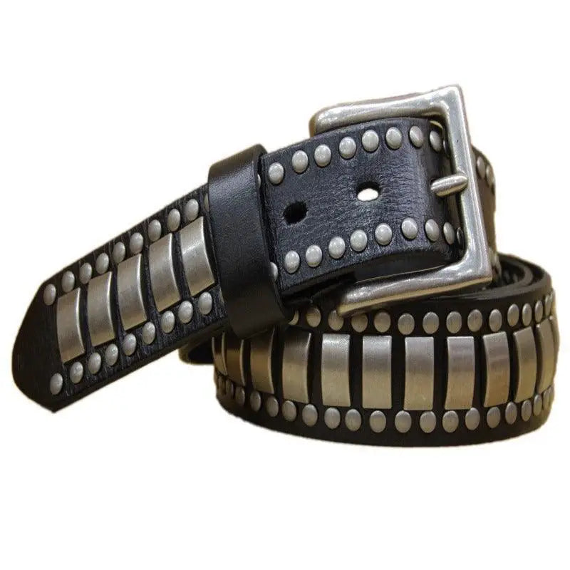 Ynaselle genuine leather belt with silver studs and rectangular accents for stylish wear