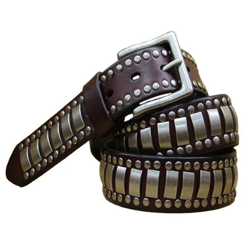 Ynaselle model genuine leather wristband with silver studs and rectangular accents