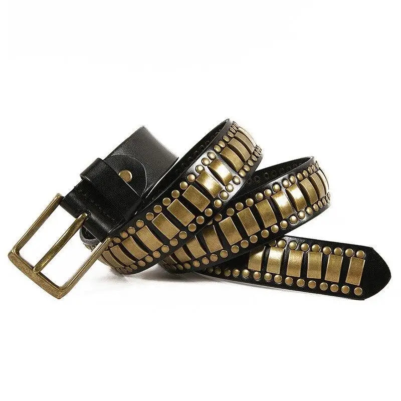 Genuine leather belt with gold studs from Ynaselle model for stylish accessory