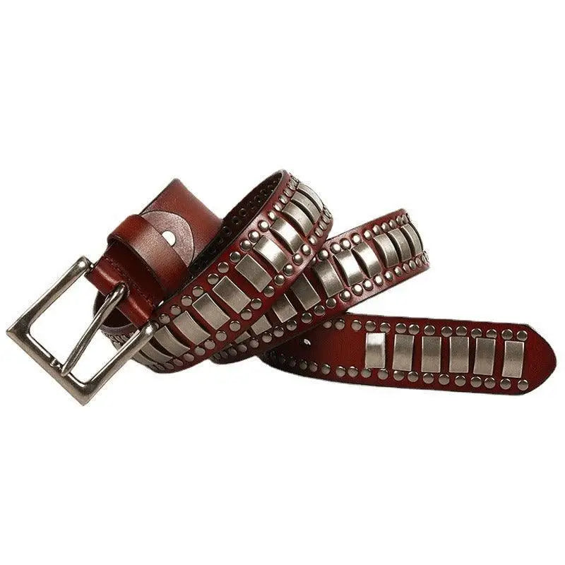 Ynaselle model genuine leather belt with metal studs and plates for stylish accessories