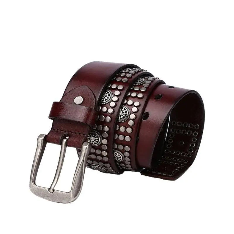 Burgundy leather studded belt for Makan Model with metal buckles, stylish and durable