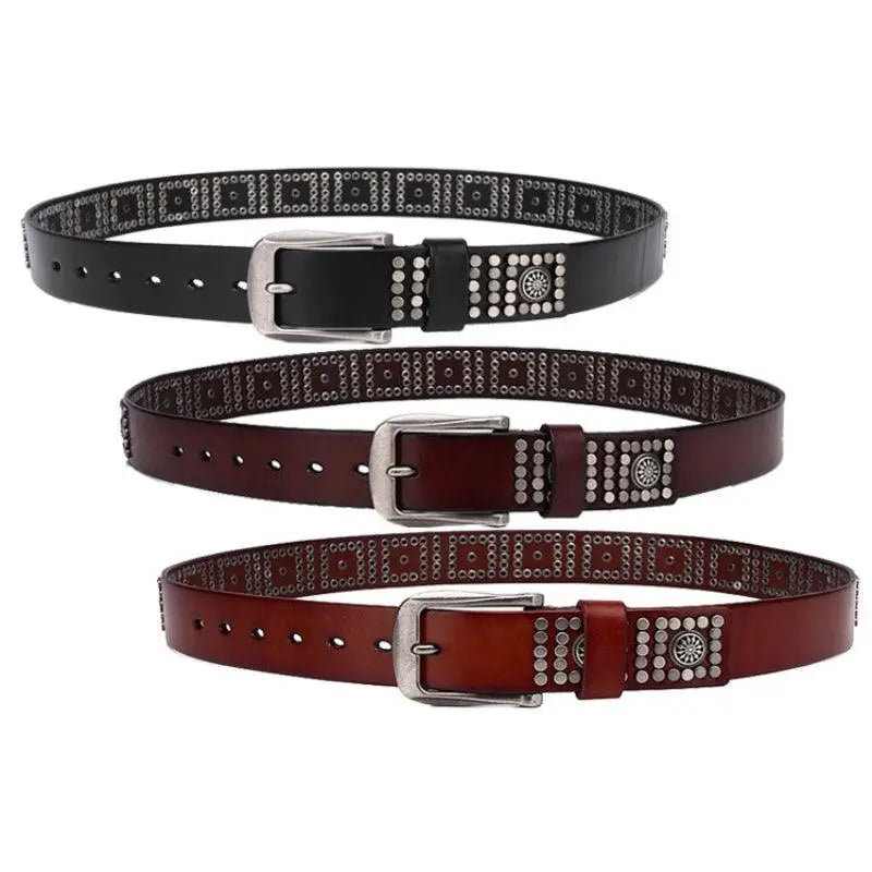 Black leather studded belts for Makan Model with metal buckles displayed