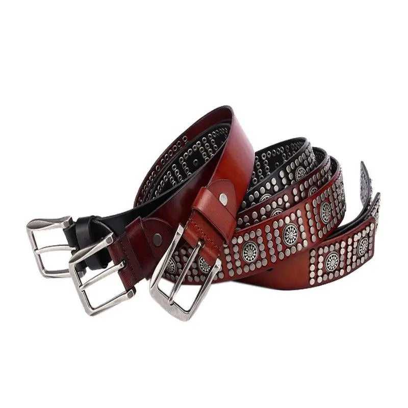 Black leather makan model belts with metal buckles and embellishments for stylish fashion