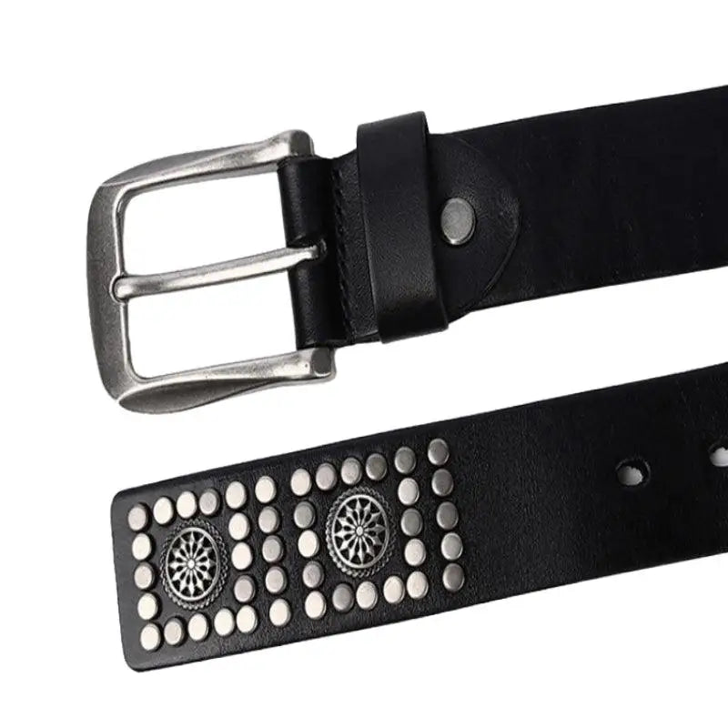 Black leather belt with silver studs and buckle for Makan Model product display
