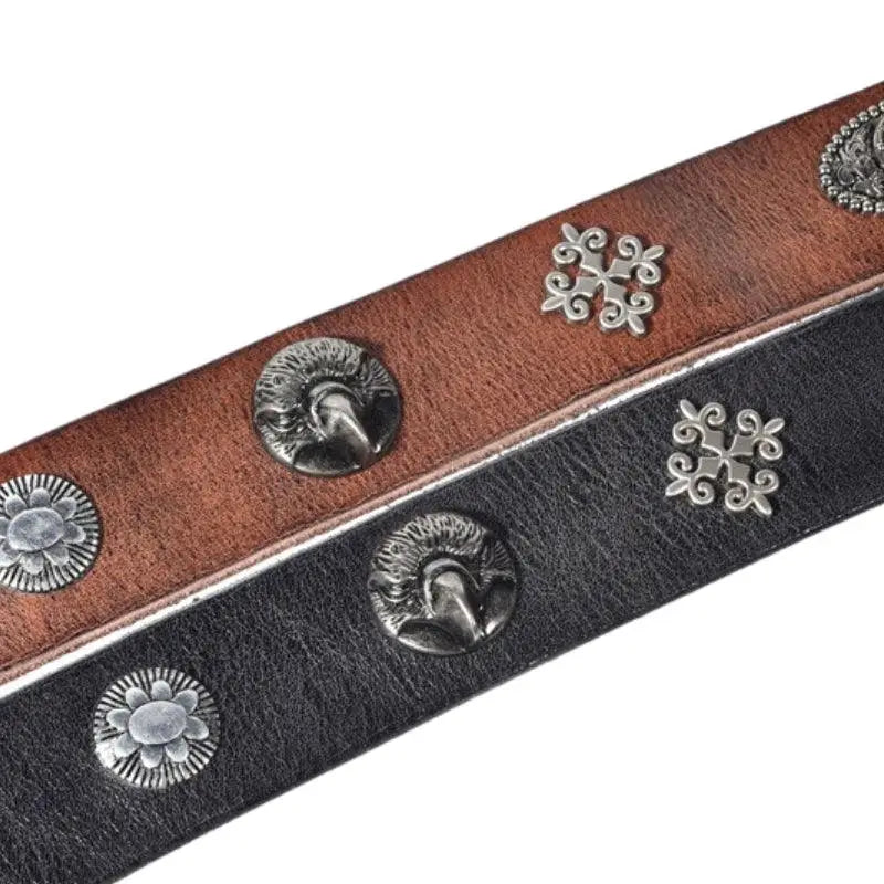 Aged leather belts with silver conchos and studded detailing for Western fashion