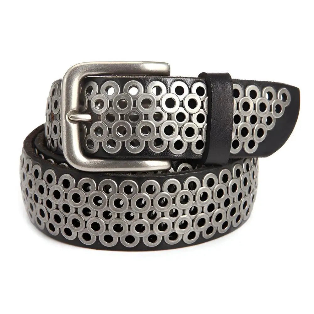 Black leather belt featuring silver metal rings and a matching buckle for stylish wear