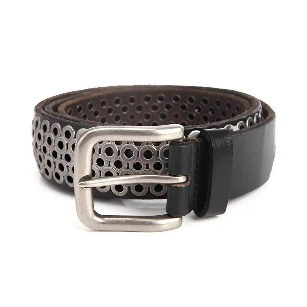Black leather belt with silver metal rings and buckle for stylish accessories