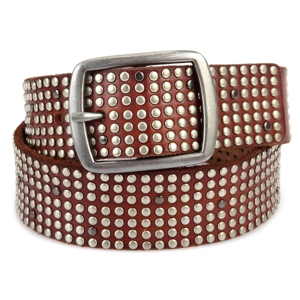 Brown leather studded belt for men and women, stylish and durable studded belt accessory