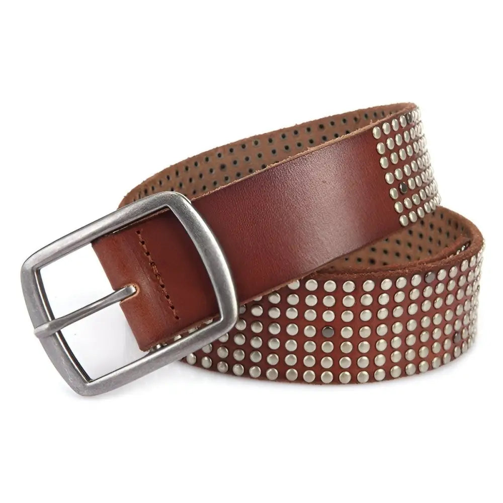 Brown leather studded belt for men and women, stylish and durable studded belt accessory