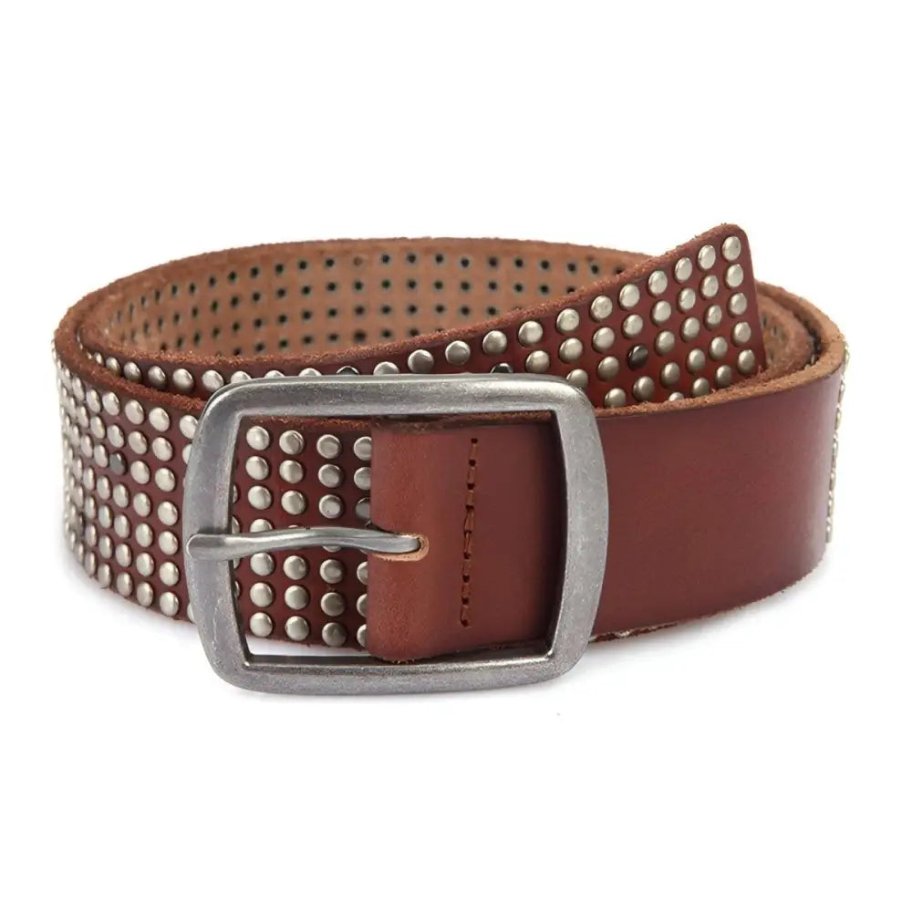 Brown leather studded belt for men and women, stylish and durable studded belt accessory