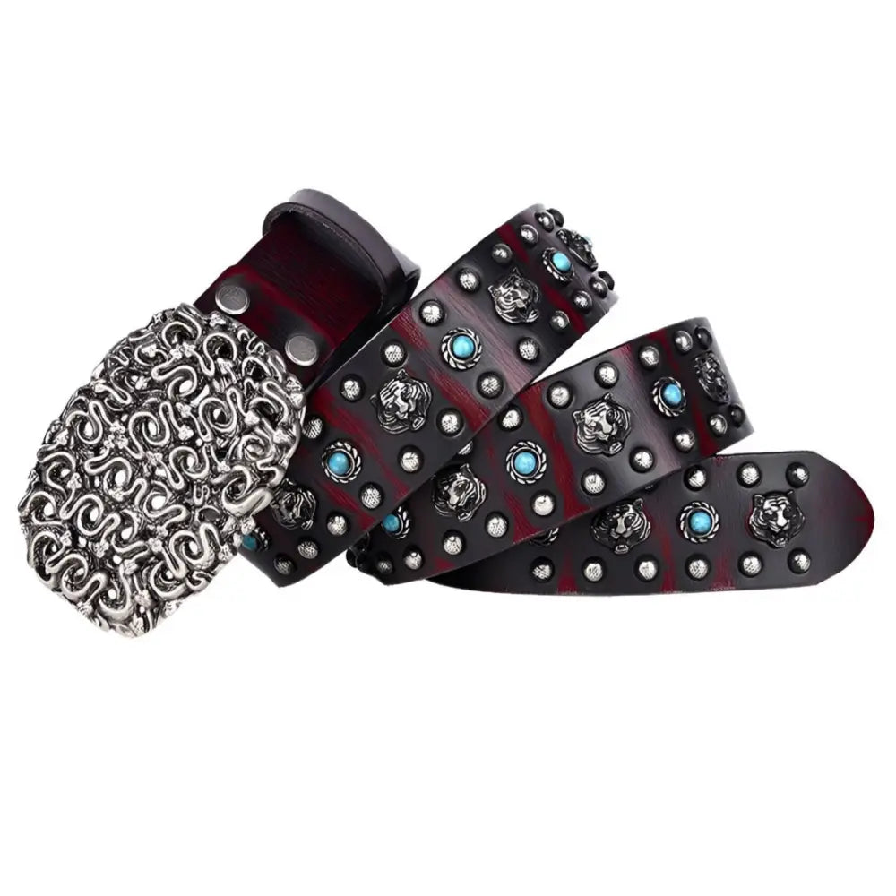 Embellished Khalzas Belt Black Leather with Tiger Heads and Turquoise Accents featuring ornate buckle