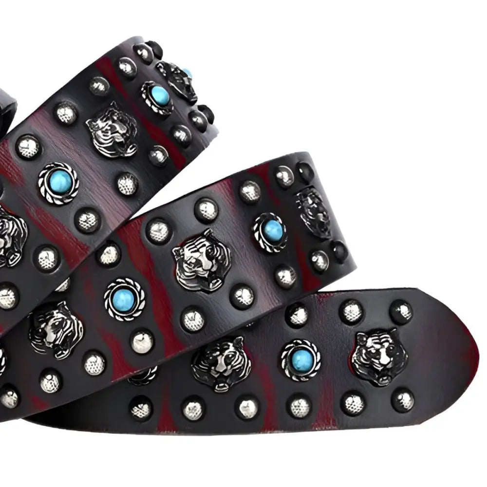 Khalzas Belt Black Leather with Tiger Heads and Turquoise Accents for stylish men
