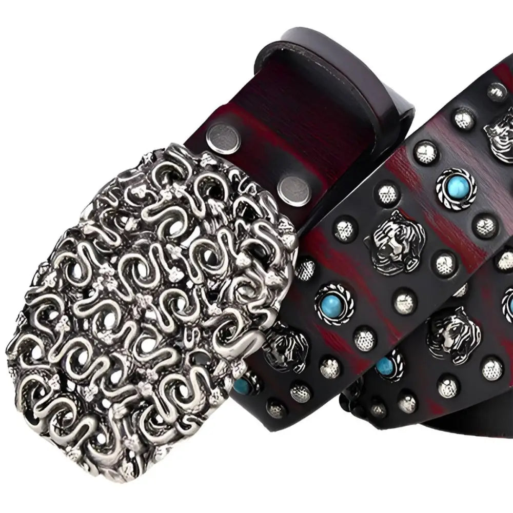 Embellished leather belt with ornate buckle from Khalzas Belt Black Leather collection