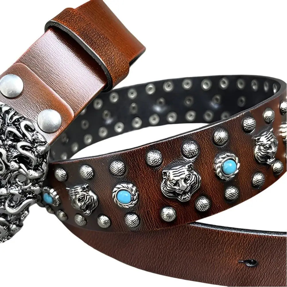 Khalzas belt in brown leather with silver tiger heads and turquoise accents