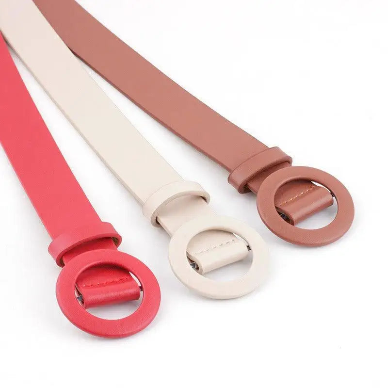 Assorted Round-Buckle Belts Collection featuring three colorful belts with circular buckles