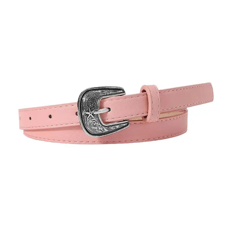Ourahi Belt with pink leather and silver buckle showcasing elegant design