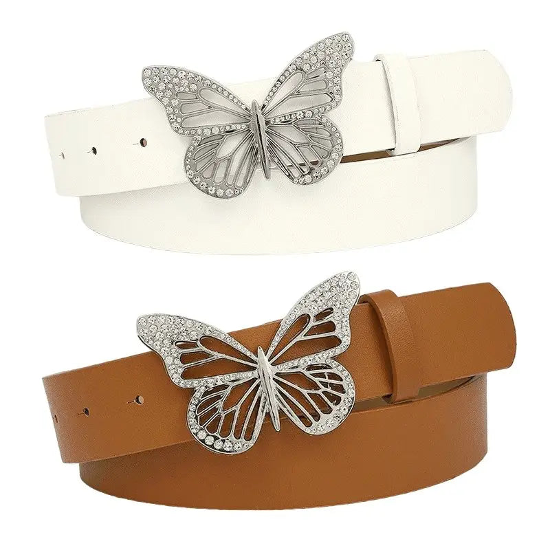 Set of four leather belts featuring decorative butterfly buckles suitable for various outfits
