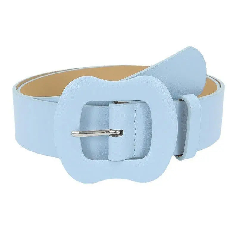 Light blue leather belt with an ornate decorative buckle displayed in Colorful Leather Belts product