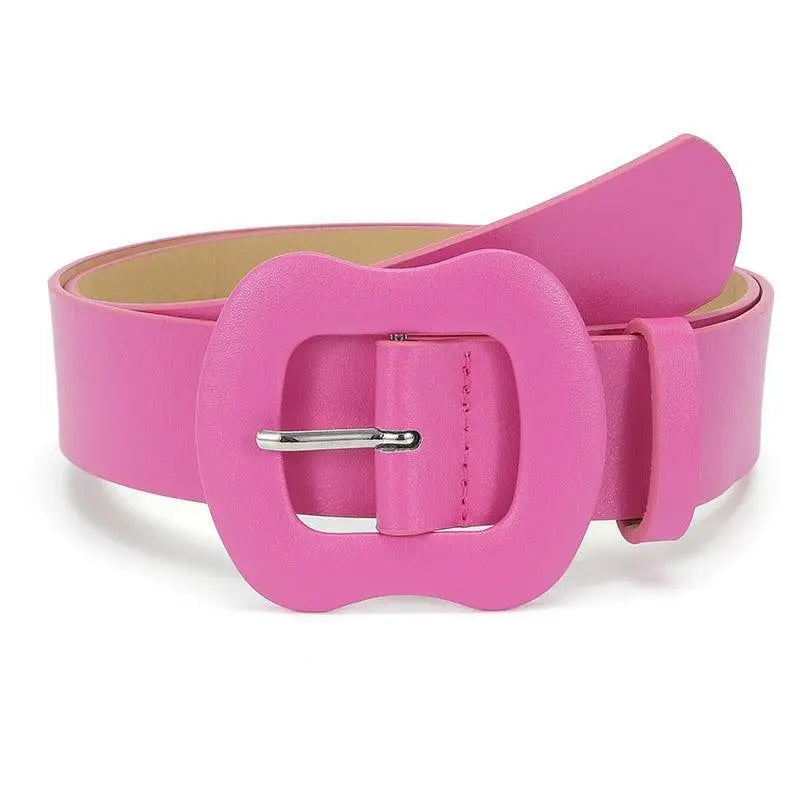 Bright pink leather belt with a rounded decorative buckle from Colorful Leather Belts collection