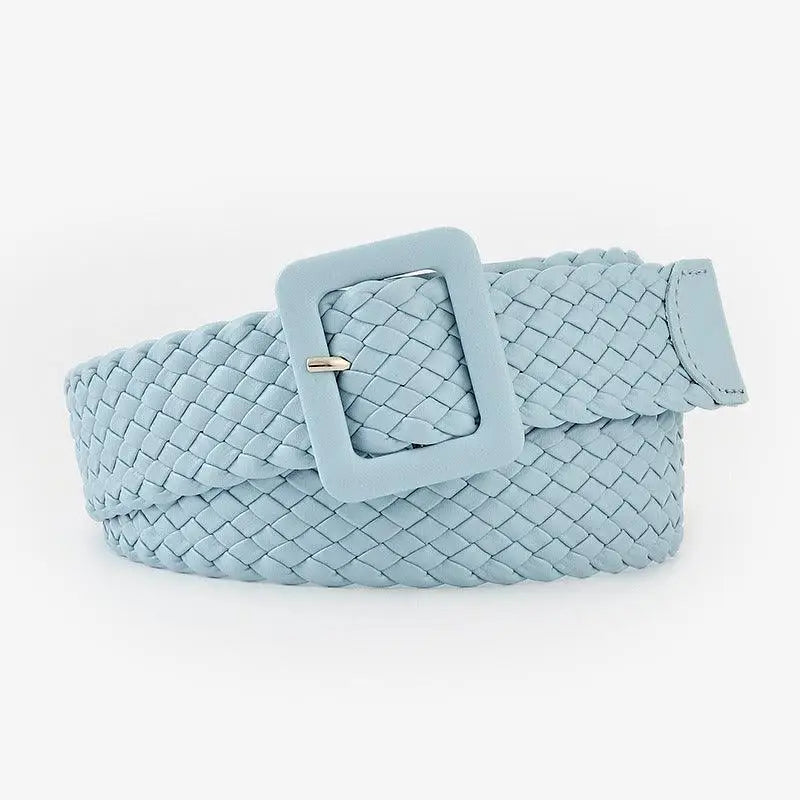 Light blue woven vegan leather Vavea Belt with square buckle for stylish accessories