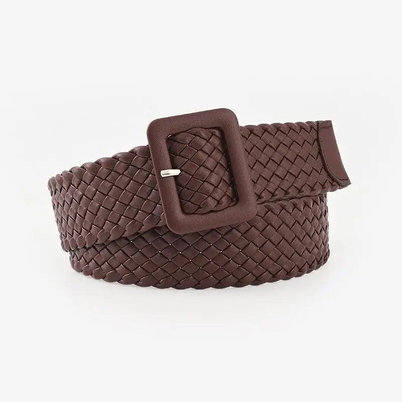 Brown woven Vavea Belt with square buckle made from vegan leather