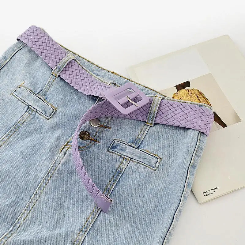 Light purple woven Vavea Belt made from vegan leather with square buckle design