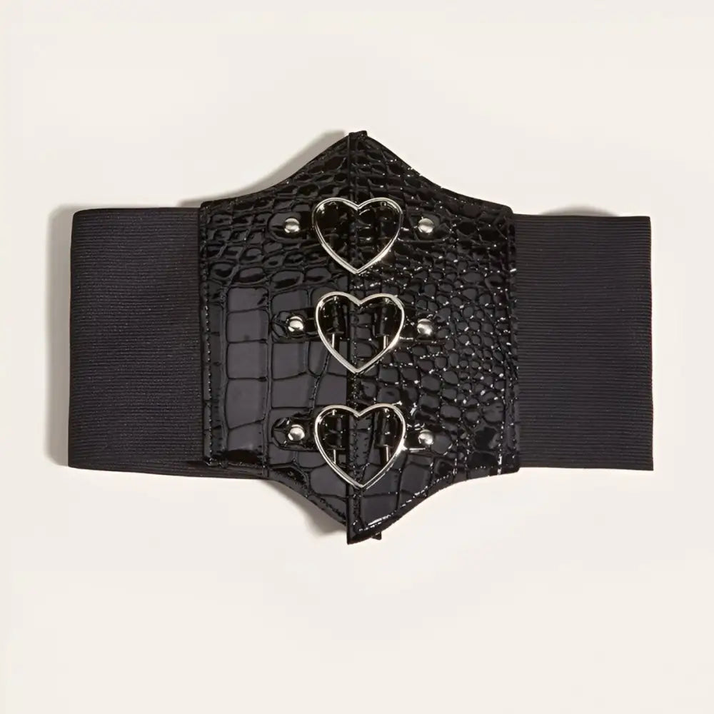 Black elastic faux-crocodile corset belt with heart-shaped buckles and accents