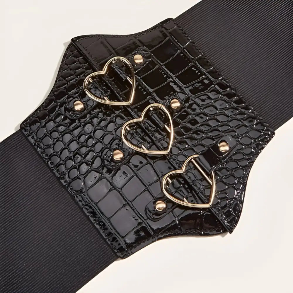 Black faux-crocodile corset belt featuring heart-shaped buckles for a stylish accessory