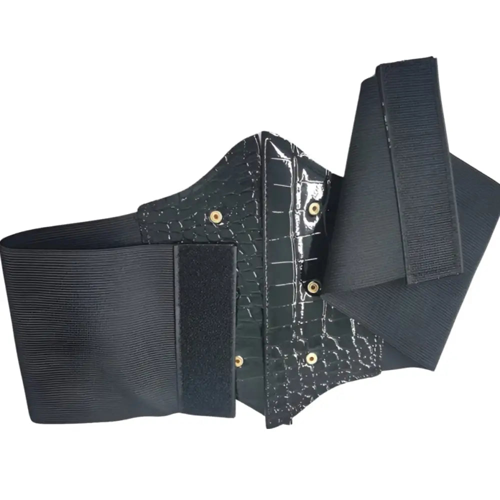 Black elastic and faux crocodile corset belt with heart-shaped buckles side view