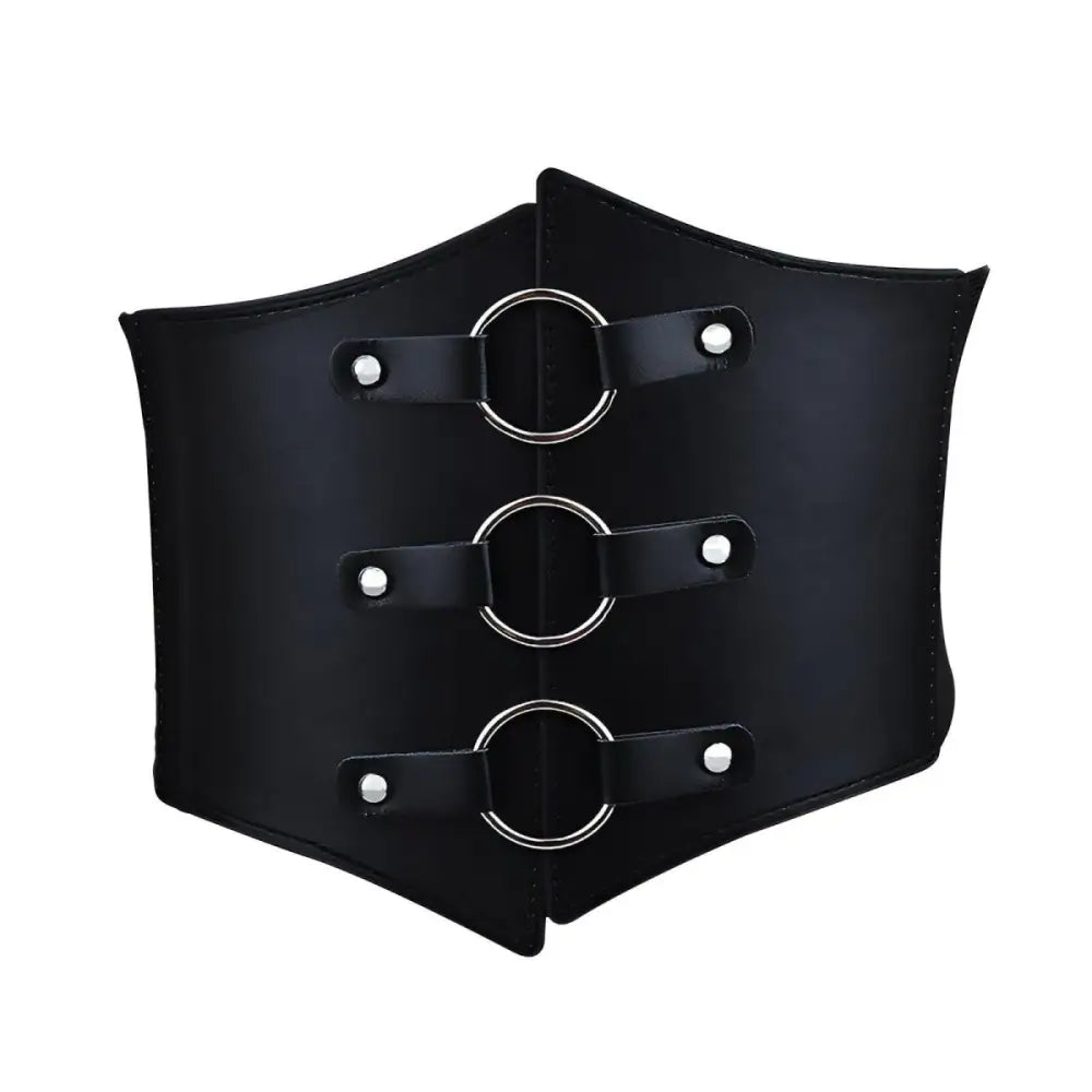 Black leather corset belt with metal rings for stylish fashion accents