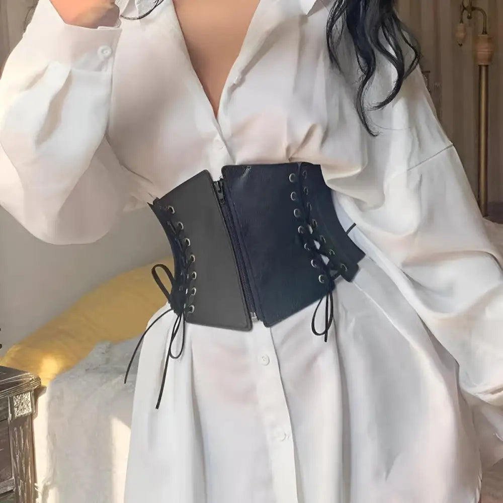 Black Corset Belt from the White Oversized Shirt with Lexy Corset Belt and Zipper Details