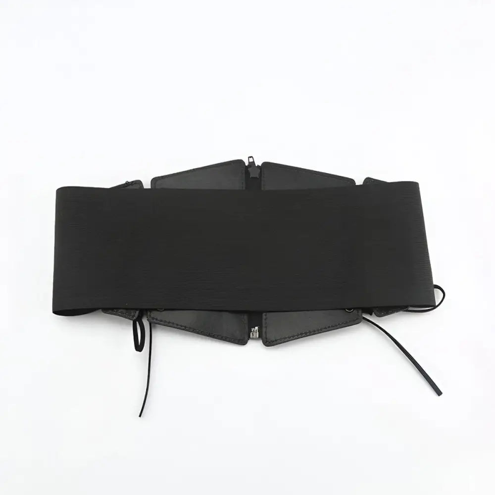Black elastic Lexy corset belt featured in White Oversized Shirt with zipper details