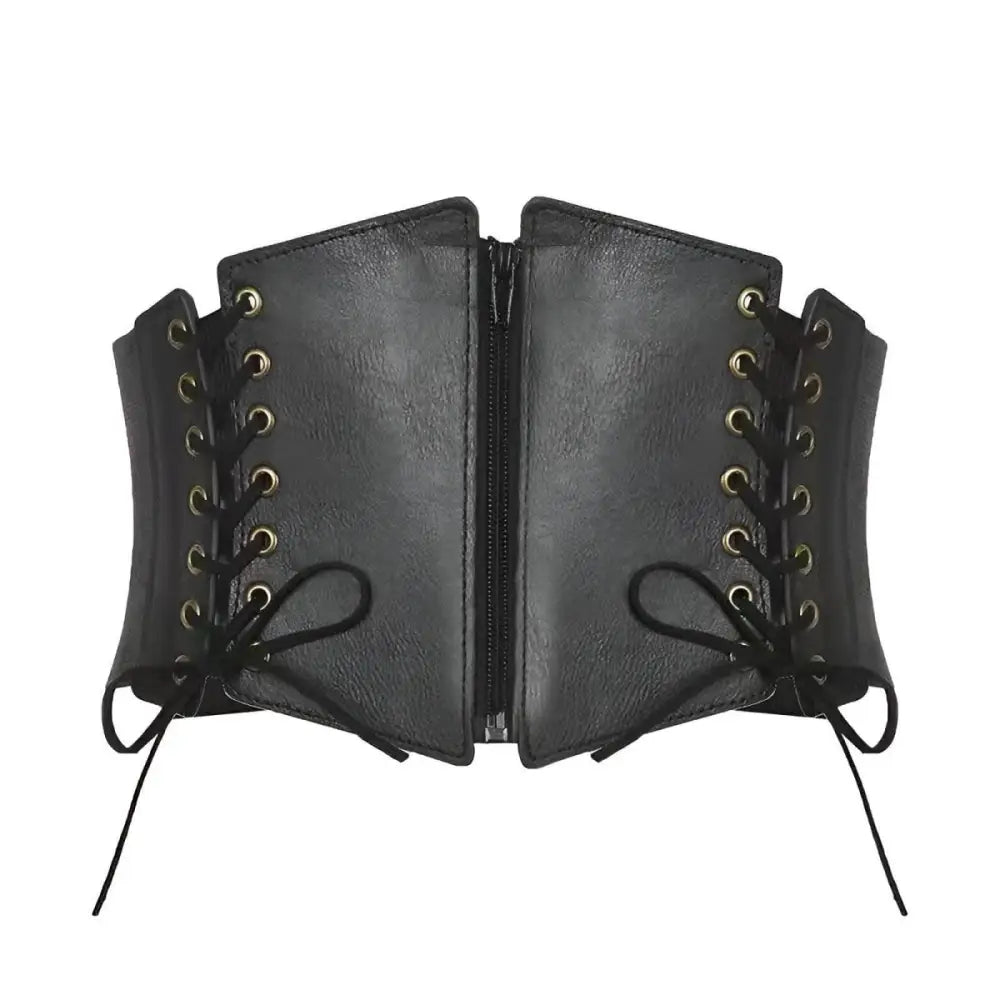 Black faux leather Lexy corset belt with zipper and lace-up sides for stylish fashion