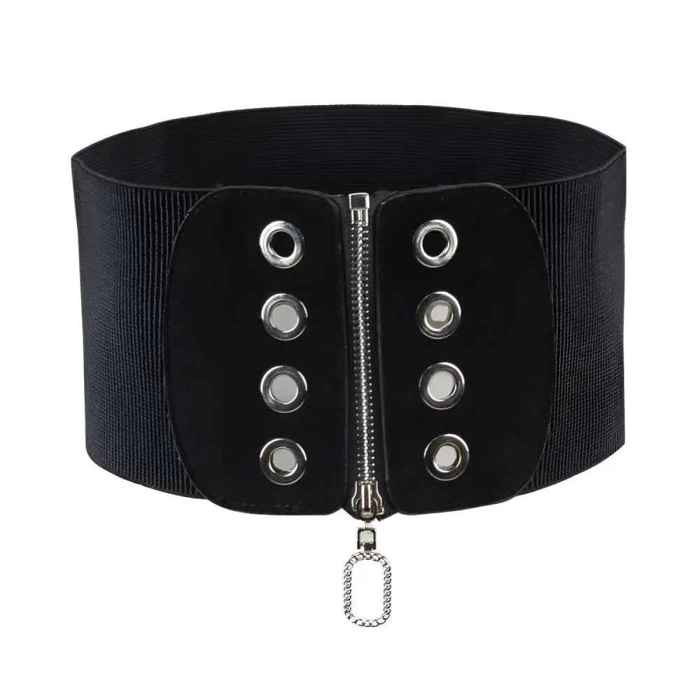 Black elastic Irwin Corset Belt with Zipper and Grommets for stylish waist definition