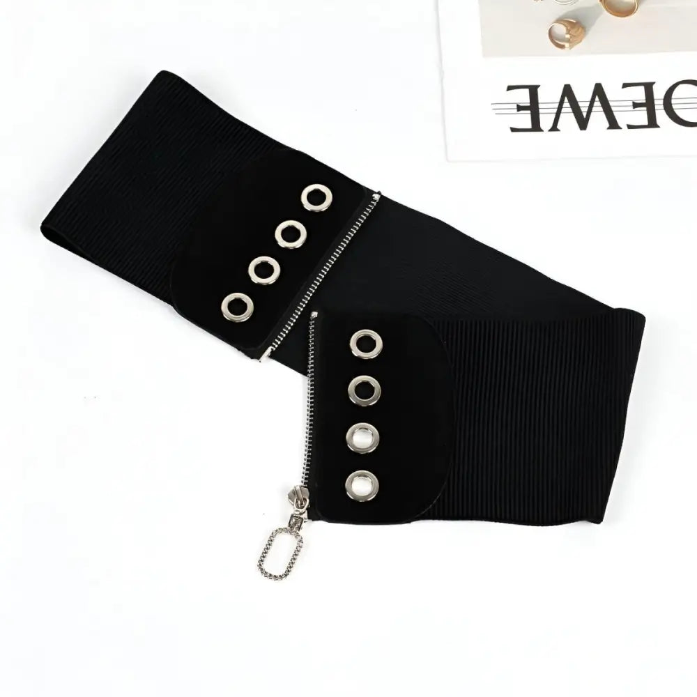 Black elastic Irwin Corset Belt with Silver Zipper for Stylish Waist Definition