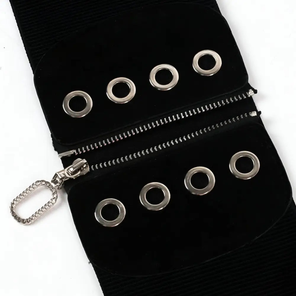 Black fabric Irwin Corset Belt with zipper and grommets for stylish waist definition