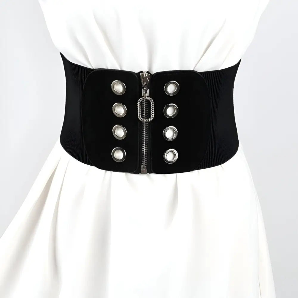Black elastic Irwin Corset Belt with decorative zipper and grommets for stylish waist definition