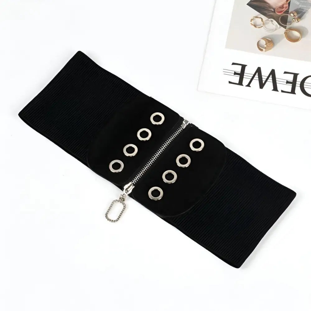 Black ribbed Irwin corset belt with zipper and grommets for stylish waist definition