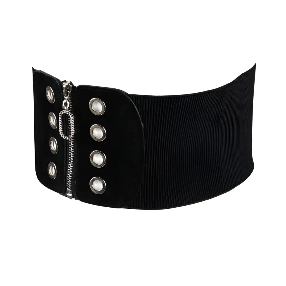 Black elastic Irwin Corset Belt with zipper and grommets for stylish waist definition